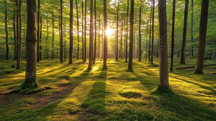 Fototapeta premium Serene Forest with Golden Sunlight and Shadow Play