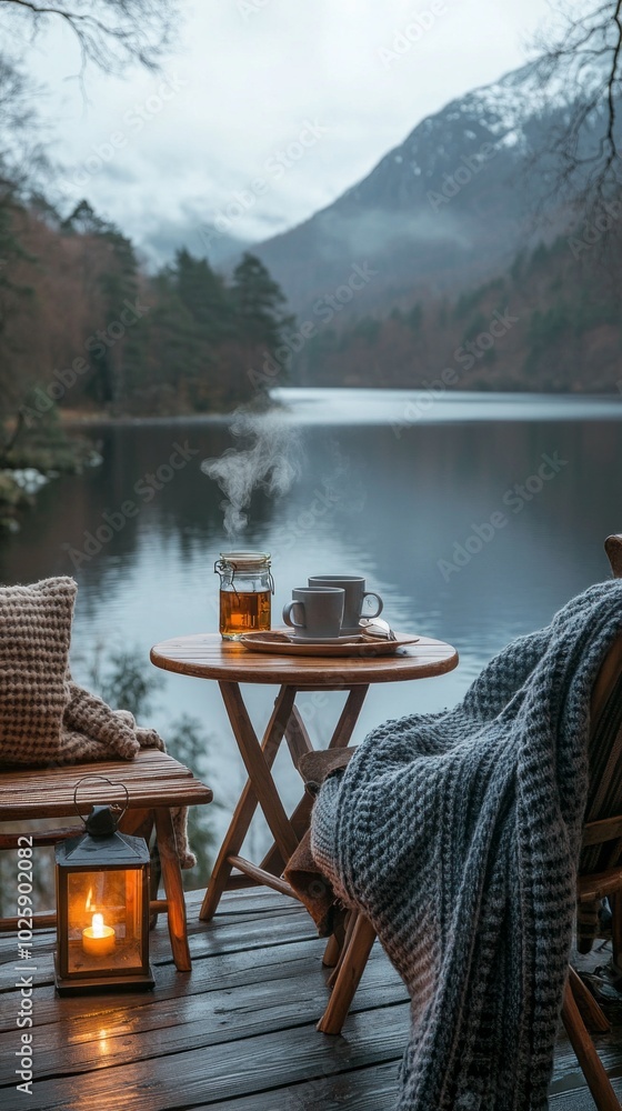 Poster a table with two cups of tea and a blanket on it