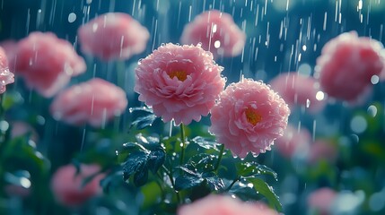 Lush chrysanthemum and peony garden scene in watercolor, featuring detailed petal textures