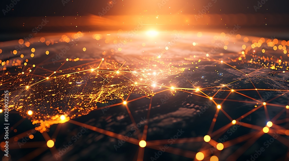 Poster global network with data paths, business theme, background, data paths, global network