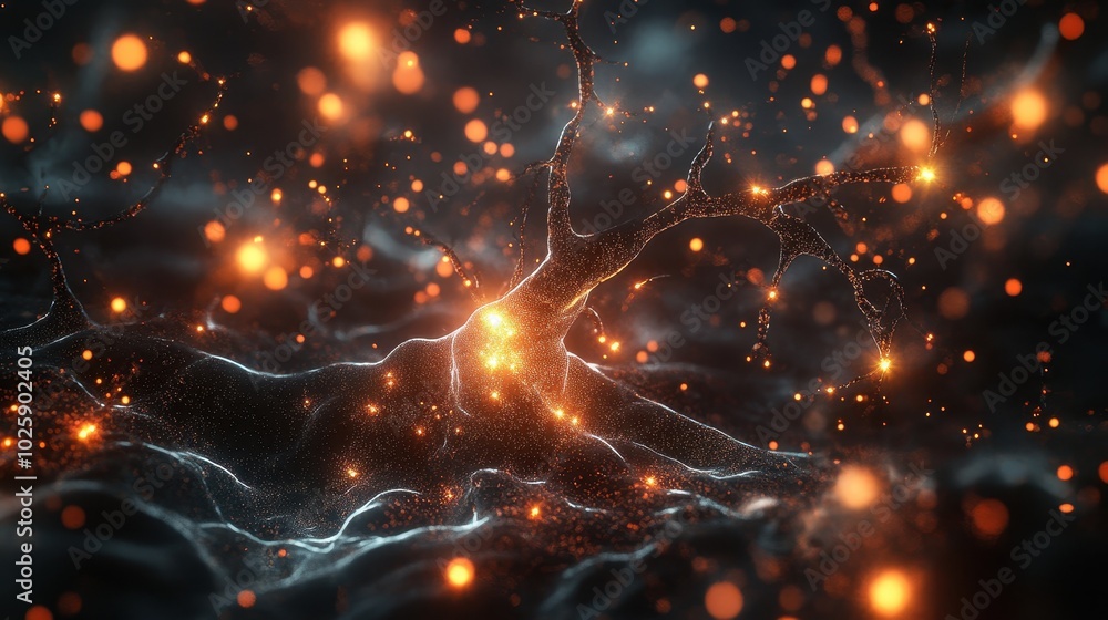 Poster abstract neural network with glowing particles and bokeh lights - 3d illustration.