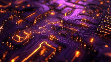 Obraz premium Abstract close-up of a circuit board with glowing lines and a purple hue.