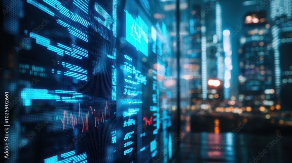 Poster futuristic cityscape with digital screen displaying data and charts at night.