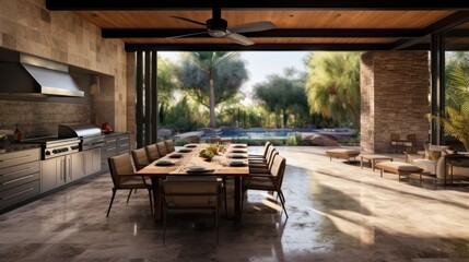 Modern Outdoor Kitchen with Pool View