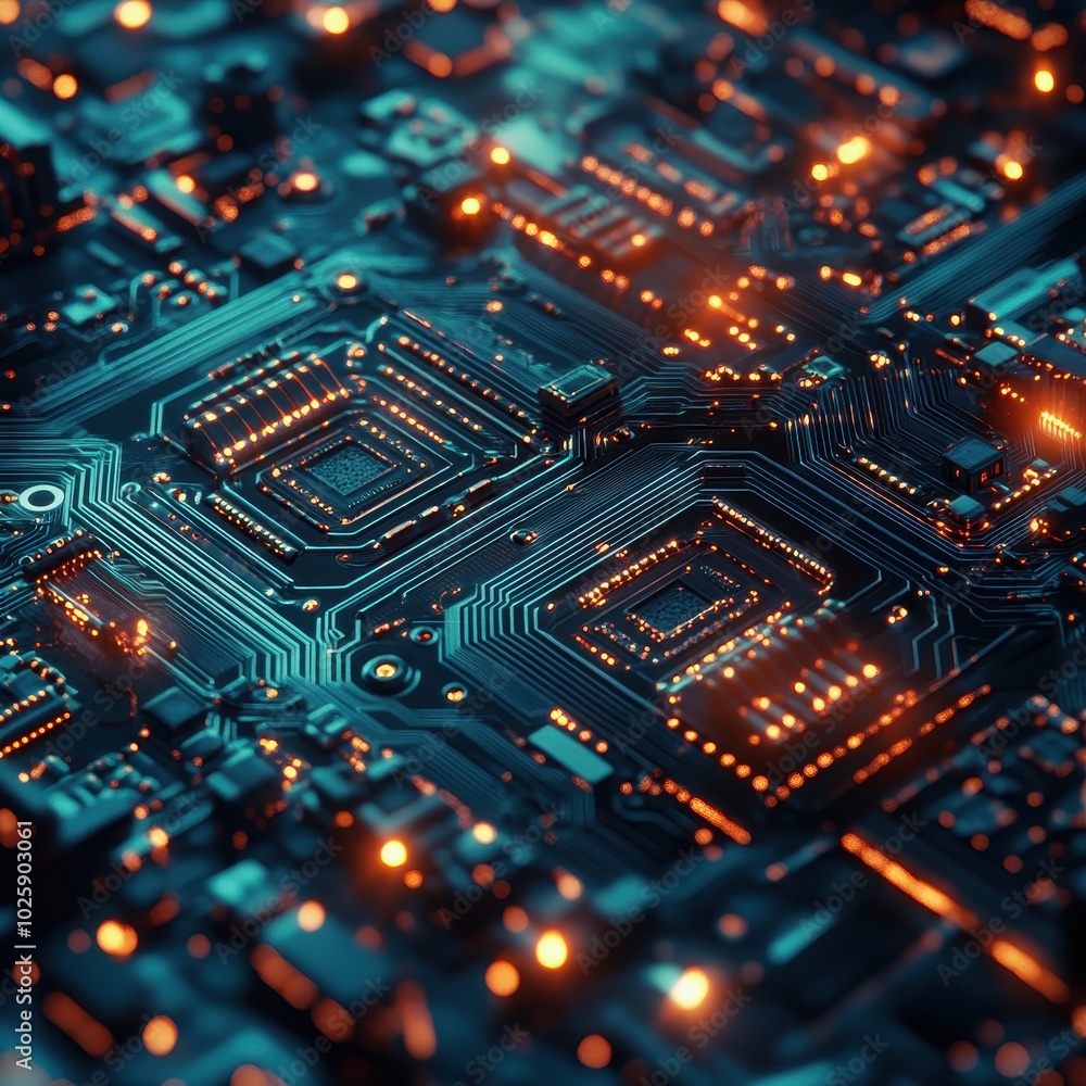 Poster close-up of a circuit board with glowing lights - abstract technology background