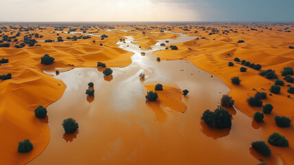 Sahara Desert Flooding: Unique Aerial Perspective of Flooded Dunes