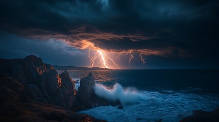 Fototapeta premium A high-definition image of a powerful thunderstorm approaching a rugged coastline, multiple lightning bolts striking the water, waves crashing against large boulders.