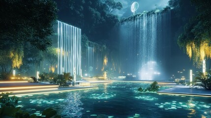 Obraz premium Mystical Nighttime Waterfall in a Lush Tropical Garden with Illuminated Path and Pool