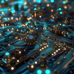 Obraz premium Abstract Circuit Board with Glowing Blue and Yellow Lights - Technology Background