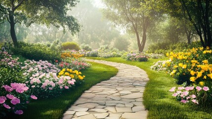 Serene Pathway Through Blooming Garden Landscape