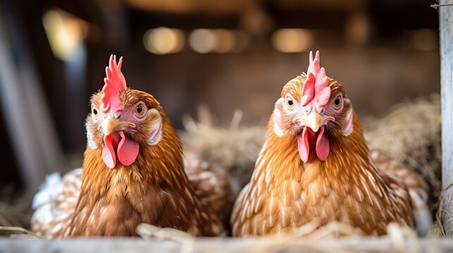 Hens in chicken coop at farm, photo shot, Generative Ai