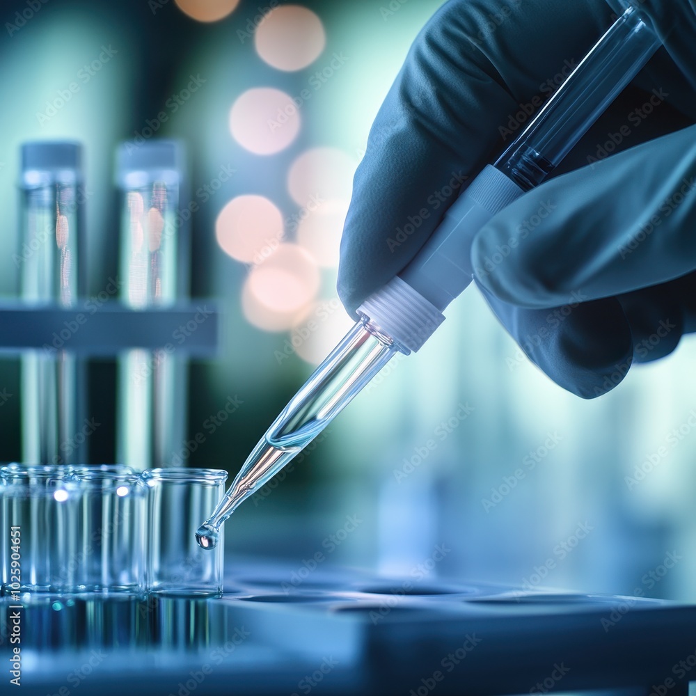 Poster close-up of scientist's hand using a pipette to transfer liquid into a test tube in a laboratory set