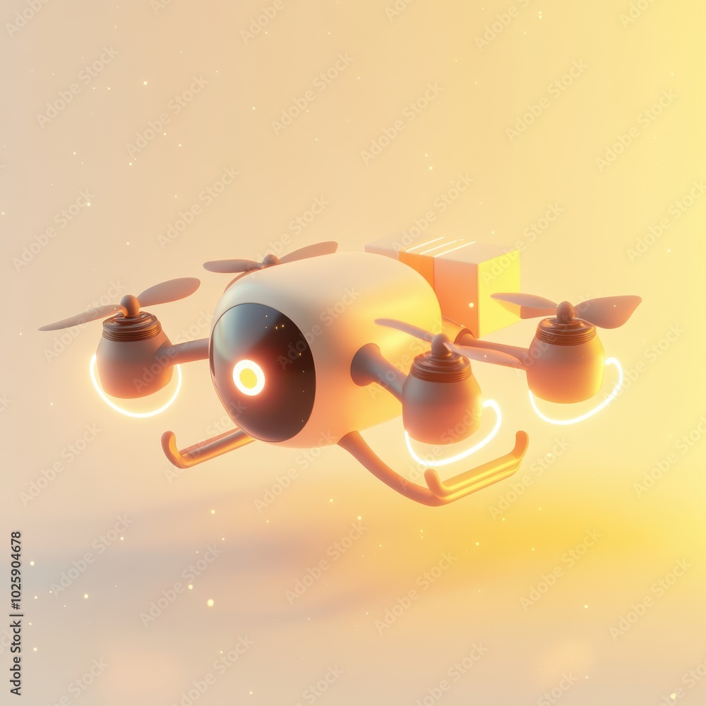 Poster 3d render of a futuristic drone with package delivery in a soft orange background.