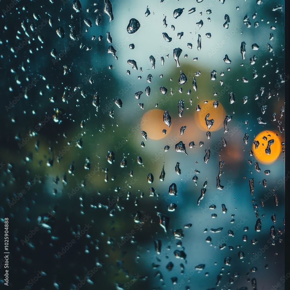 Poster raindrops on window with bokeh lights - abstract background image.