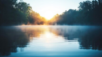 Fototapeta premium Serene Sunrise Over Misty Landscape Water Reflection
