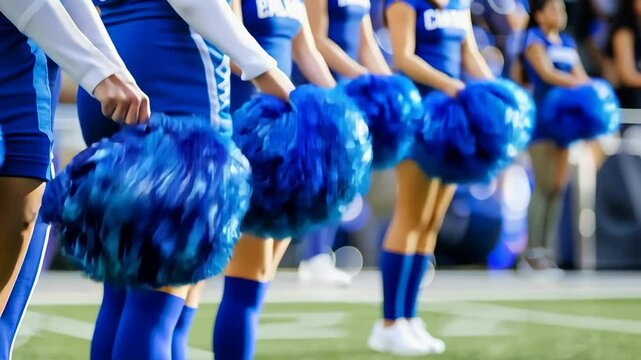 Close up of cheerleaders holding blue shine pompons at sporting event