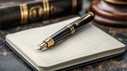 Close-up of pen and writing in notebook at desk