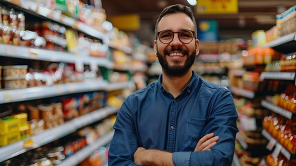Fototapeta premium Happy Man at Supermarket Store, Portrait, Business Theme, Portrait Shot, Plain Office Background, Supermarket