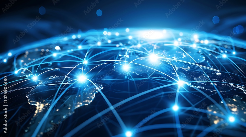 Poster global network with illuminated paths, business theme, background, illuminated paths, global network
