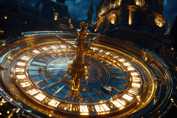 Obraz premium Steampunk Golden Clock in a Mystical City 