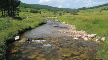 Serene Stream Flowing Through Verdant Landscape