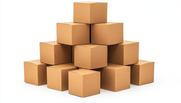 A stack of cardboard boxes arranged in a pyramid shape, typically used for storage or shipping.