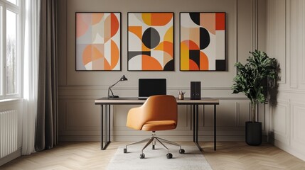 A modern home office featuring abstract art, a desk, and a stylish chair.