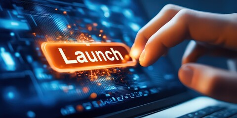  Glowing "Launch" button on laptop screen, symbolizing the start of a new digital project or product release, highlighting innovation and tech-driven progress.