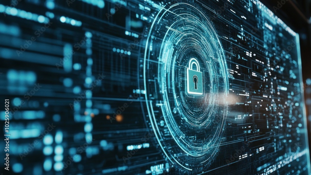Poster digital lock symbol on a futuristic data background, representing cybersecurity.