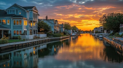Fototapeta premium Serene Sunset Reflection Over Calm Waterway