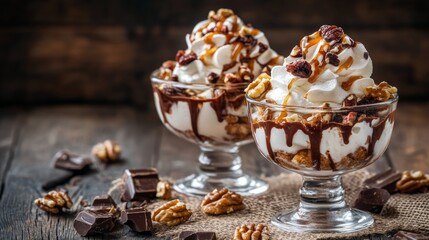 Two decadent parfaits with whipped cream, chocolate sauce, caramel, pecans, and dried cranberries.