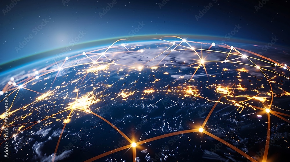 Poster global network with illuminated paths, business theme, background, illuminated paths, global network