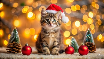 Obraz premium Adorable Kitten in Santa Hat on Festive Christmas Background – Holiday Cheer and Joyful Spirit