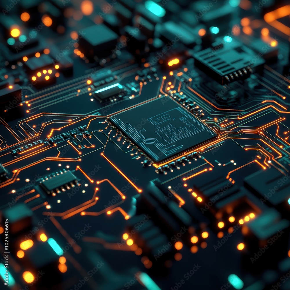 Poster abstract close-up of illuminated circuit board with cpu chip - technology background.