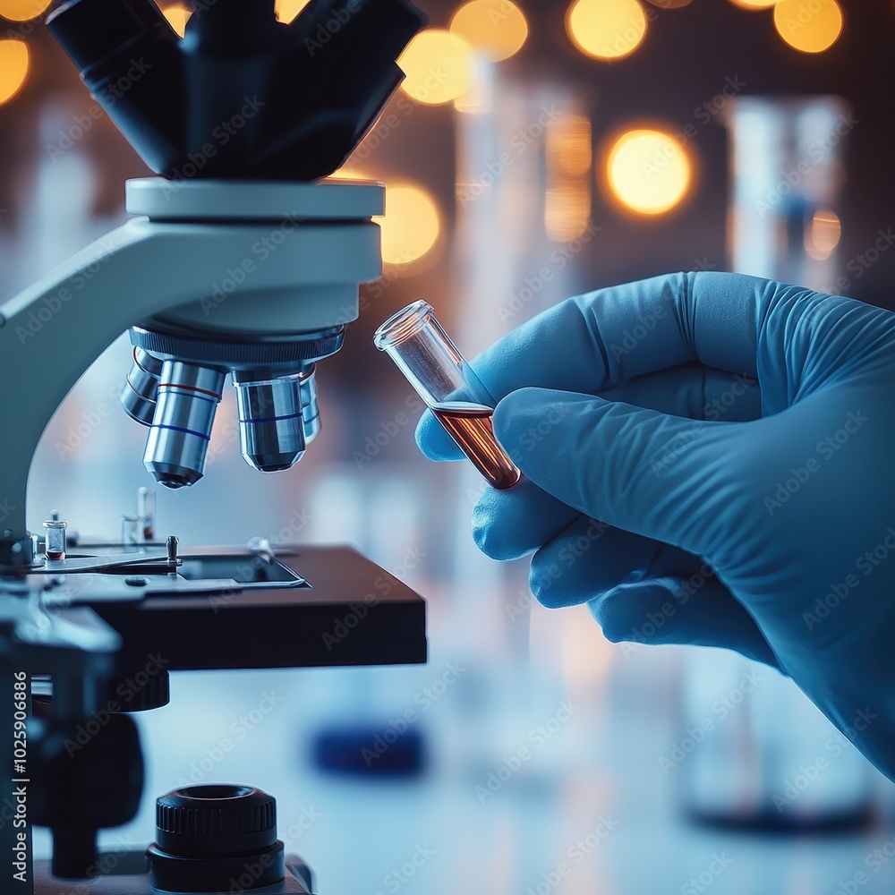 Poster closeup of scientist holding a test tube with red liquid in front of a microscope in a laboratory
