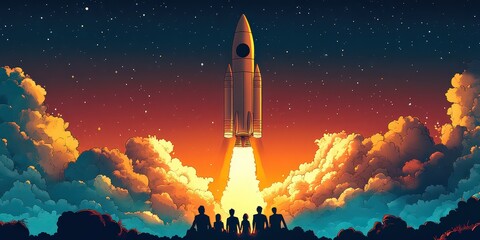 dramatic rocket launch into the sky symbolizes the energy and excitement of a new business or product launch, showcasing ambition and growth.