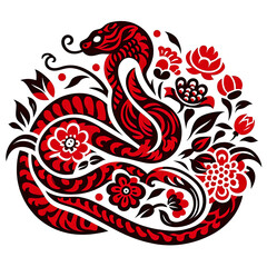 A red animal silhouette in the shape of a snake, influenced by Japanese woodcut prints and natural symbolism, reflects cultural themes  evoking the spirit of the Chinese New Year isolated PNG