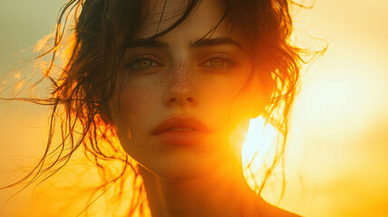 Natural double exposure of a woman intertwined with a radiant sunrise