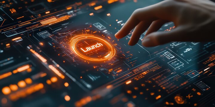  futuristic holographic interface with a glowing "Launch" button, surrounded by charts, graphs, and performance metrics, symbolizing digital project initiation.