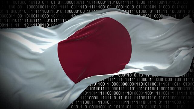 Binary code on flag of Japan. Program source code or Hacker concept on Japanese flag. Japan digital technology security, hacking or programming