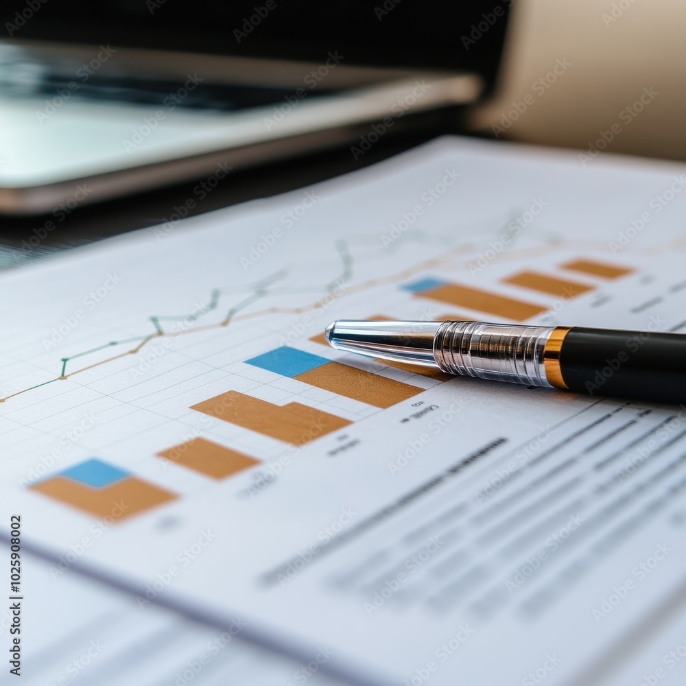 Poster closeup of a pen lying on a business graph with a laptop in the background.