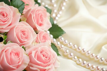 Obraz premium A bouquet of soft pink roses arranged elegantly on a silky fabric, accompanied by a string of pearls, creating a romantic atmosphere.