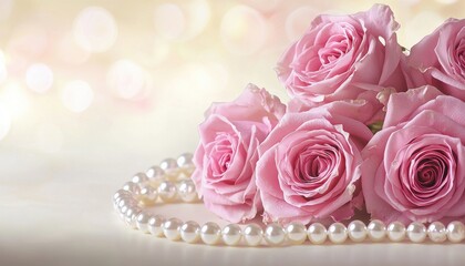 A delicate arrangement of pink roses accompanied by a strand of pearls, creating an elegant and romantic atmosphere.