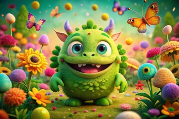 Fototapeta premium Adorable Two-Headed Green Monster in Playful Pose - Cute and Funny Character Design for Kids' Themes