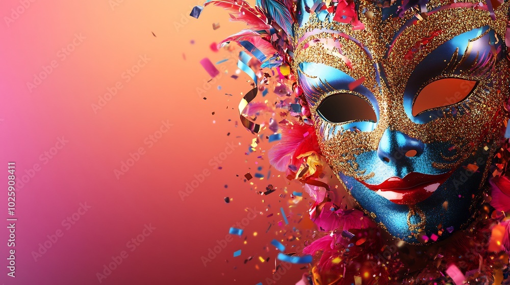 Poster bold and detailed carnival mask in vivid colors highlighted by glittering confetti and streamers aga