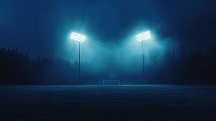 A soccer field with two floodlights shining brightly in the night sky