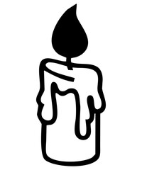 black outline icon illustration of a candle isolated on white, resembling light, coziness, glow