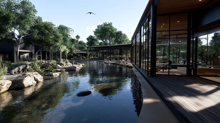 Modern architecture near serene water body