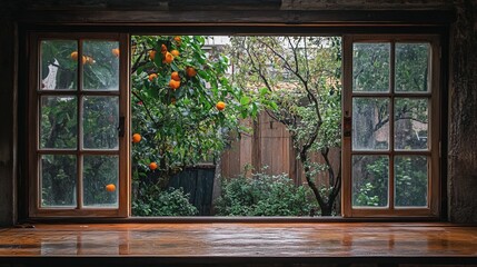 An old wooden window overlooking a rainy season garden through large glass panels