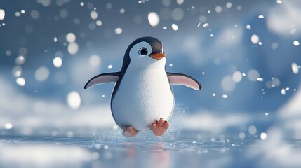Fototapeta premium Adorable Penguin Waddling on Ice with Snow Falling - 3D Render.